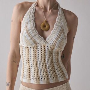 NWT Kimchi Blue Tulum Sweater Crochet Halter Top in Tan/Cream/Ivory